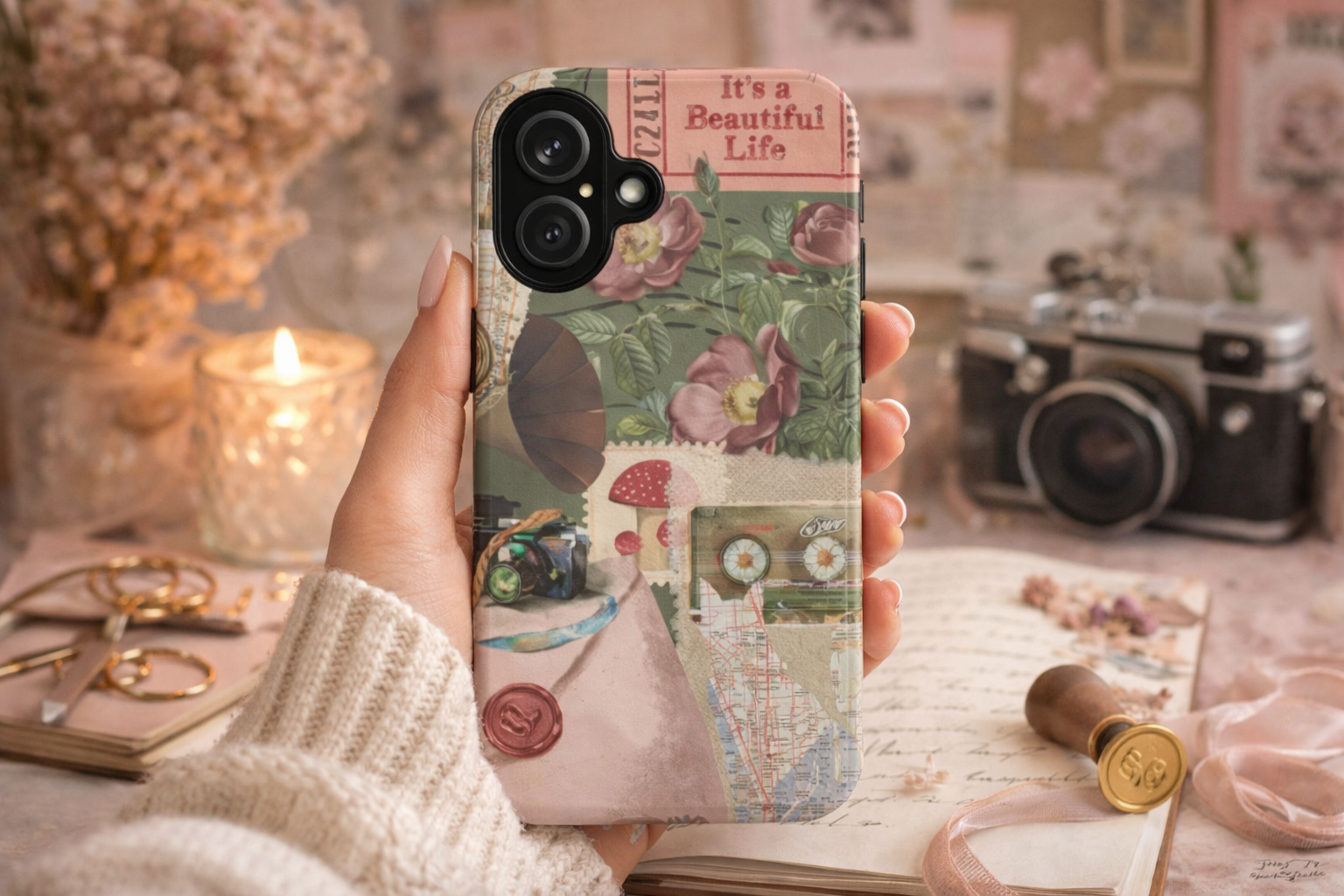 Vintage Floral Collage Phone Case — 'Beautiful Life' Retro Garden Design