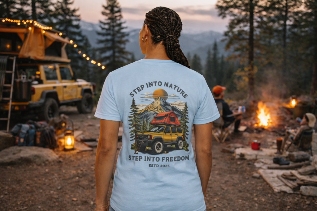 Adventure Tee — "Step Into Nature / Step Into Freedom" Graphic T-Shirt