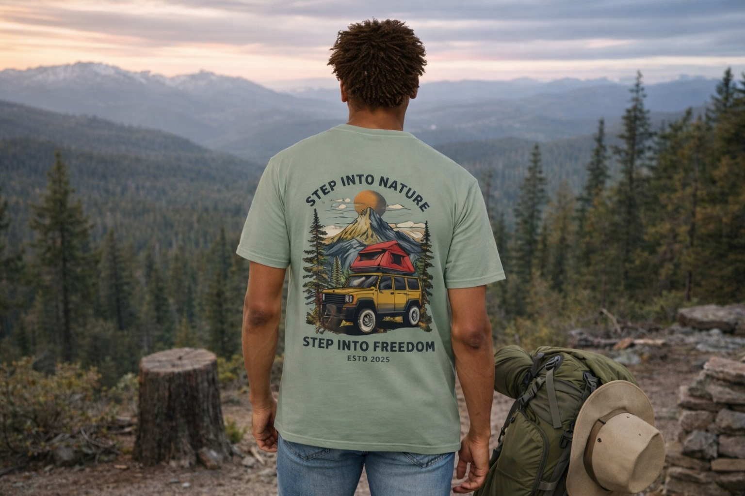 Adventure Tee — "Step Into Nature / Step Into Freedom" Graphic T-Shirt