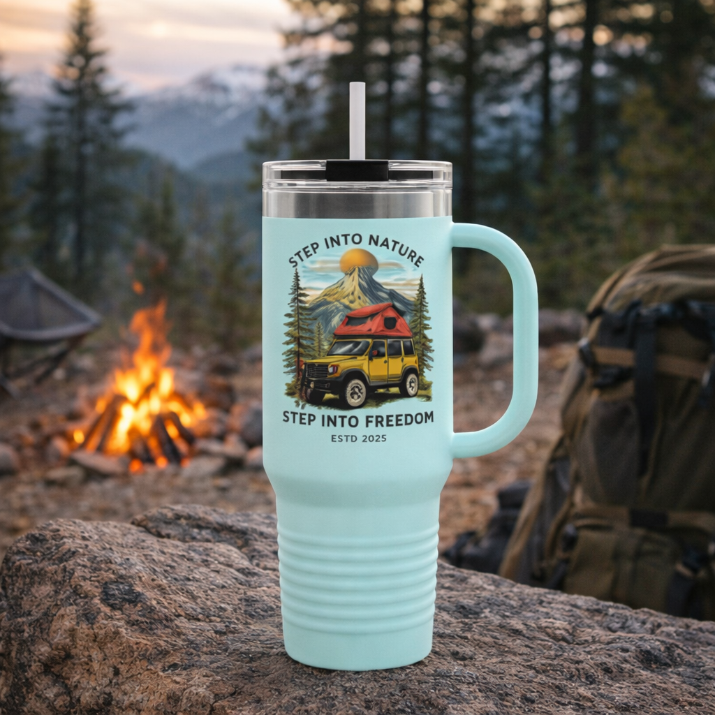 40oz Insulated Travel Mug — "Step Into Nature, Step Into Freedom" Camper Design