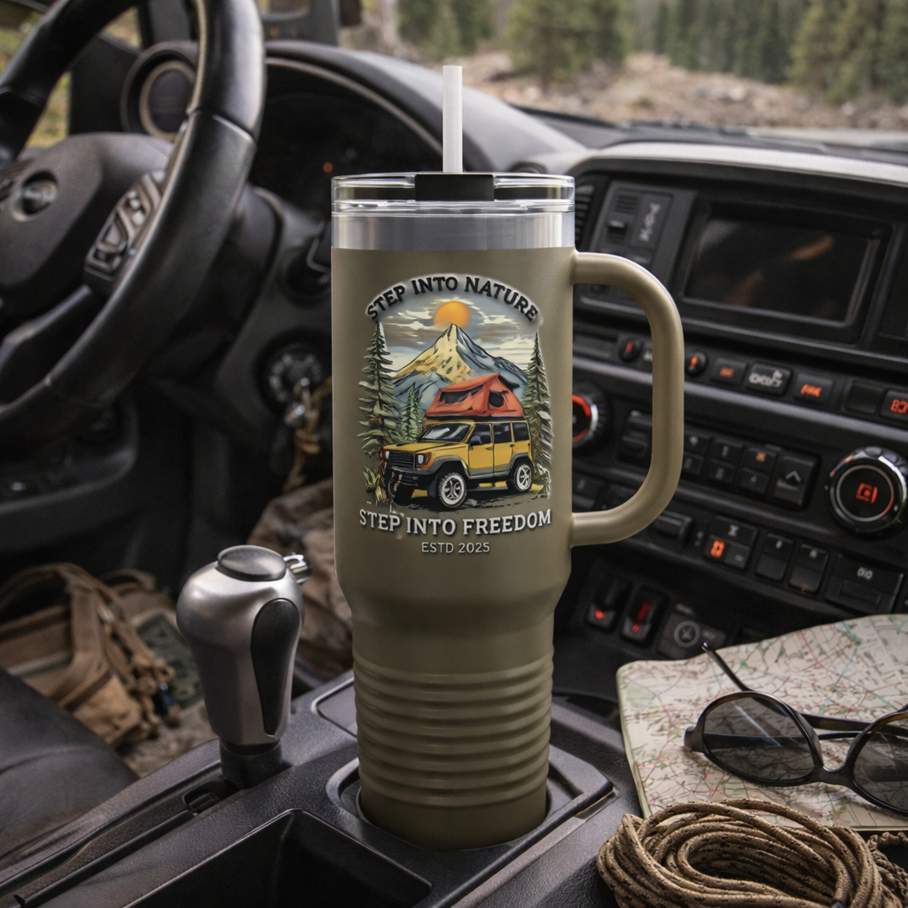 40oz Insulated Travel Mug — "Step Into Nature, Step Into Freedom" Camper Design
