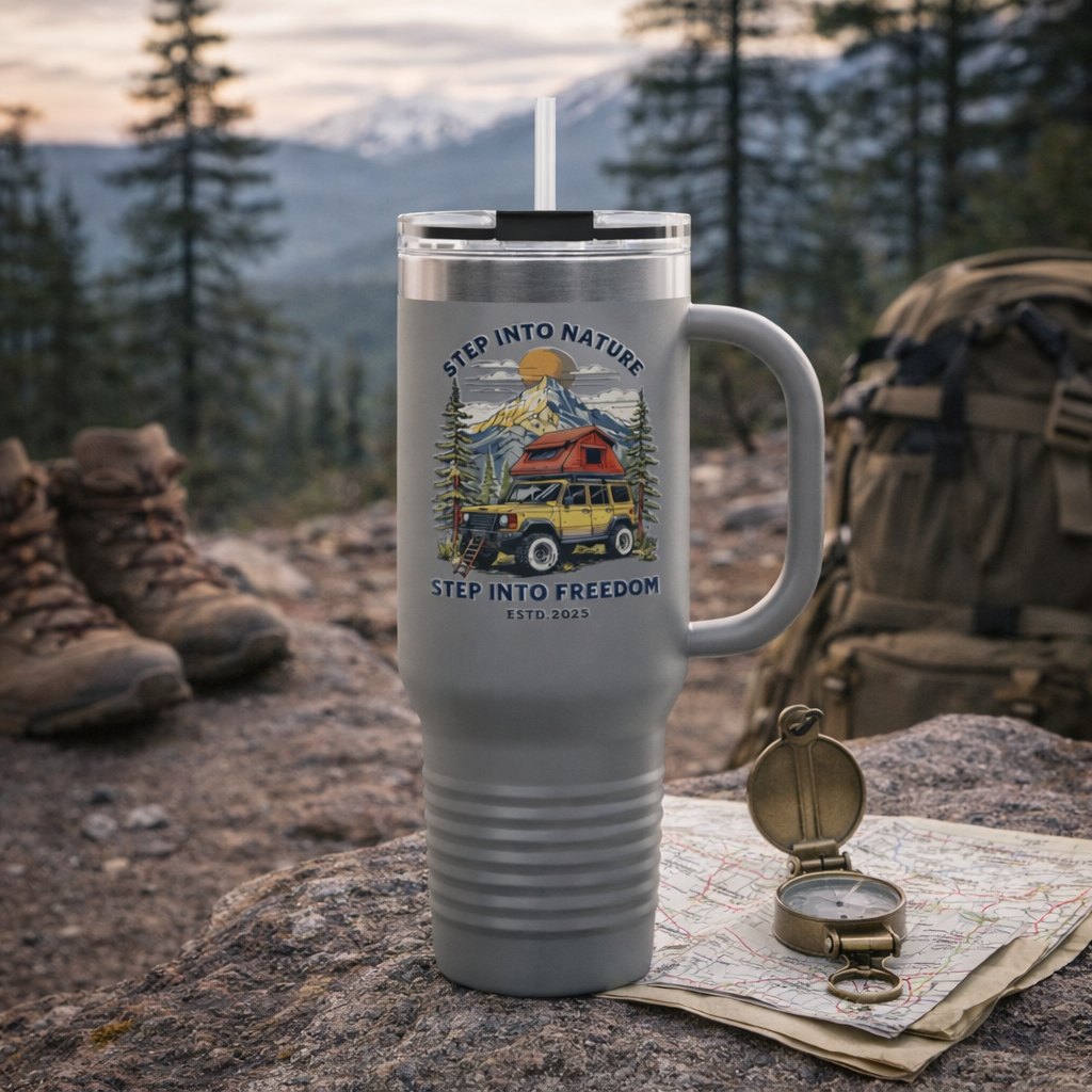 40oz Insulated Travel Mug — "Step Into Nature, Step Into Freedom" Camper Design