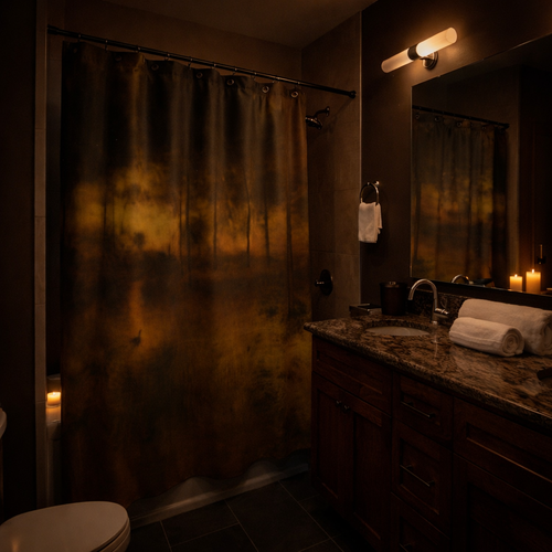 Autumn Forest Shower Curtain – Moody Golden Woodland Bathroom Decor