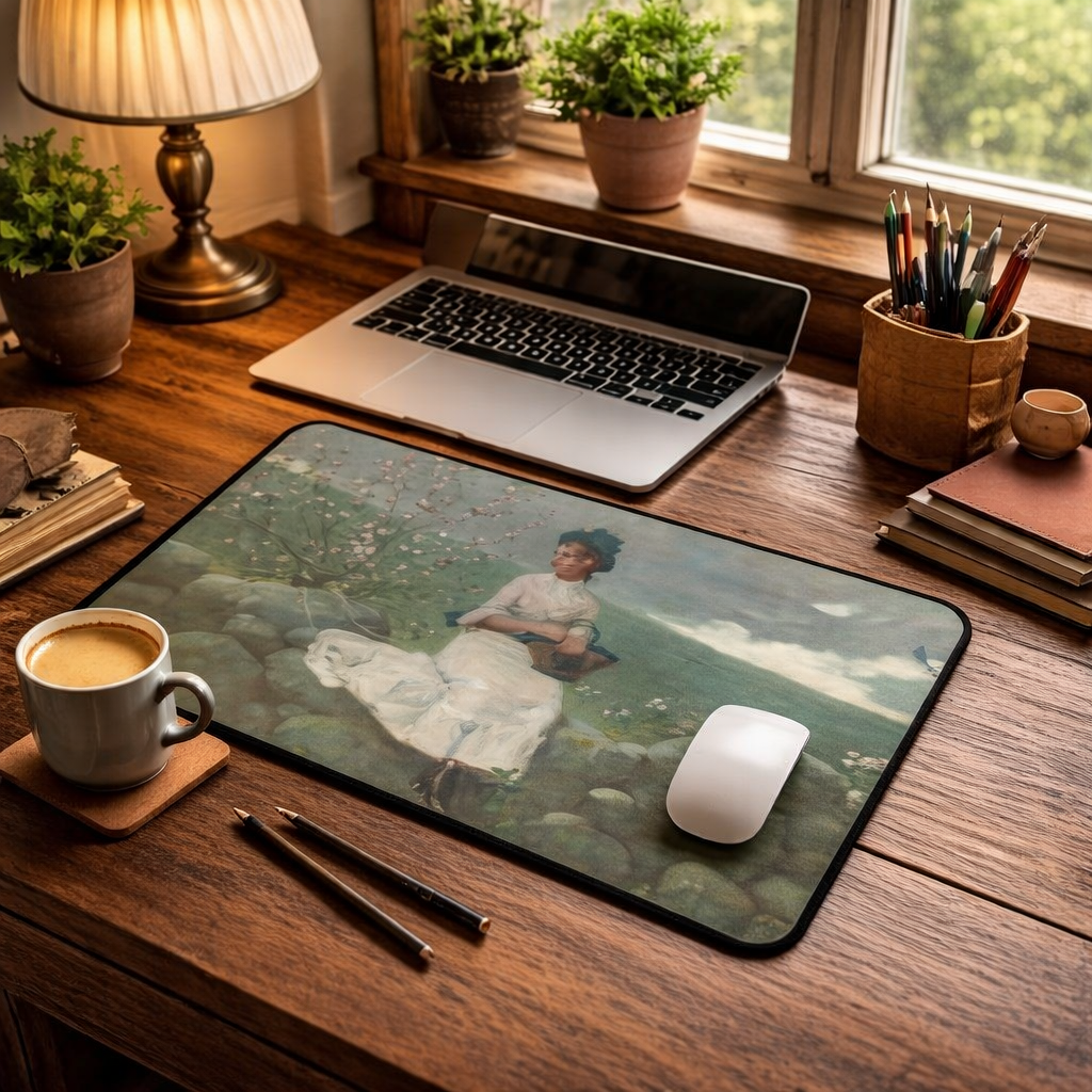 Desk Mat — Vintage Pastoral Painting Desk Mat (Woman in White on Stone Wall)