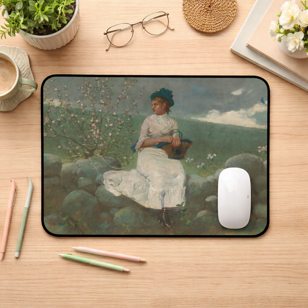Desk Mat — Vintage Pastoral Painting Desk Mat (Woman in White on Stone Wall)