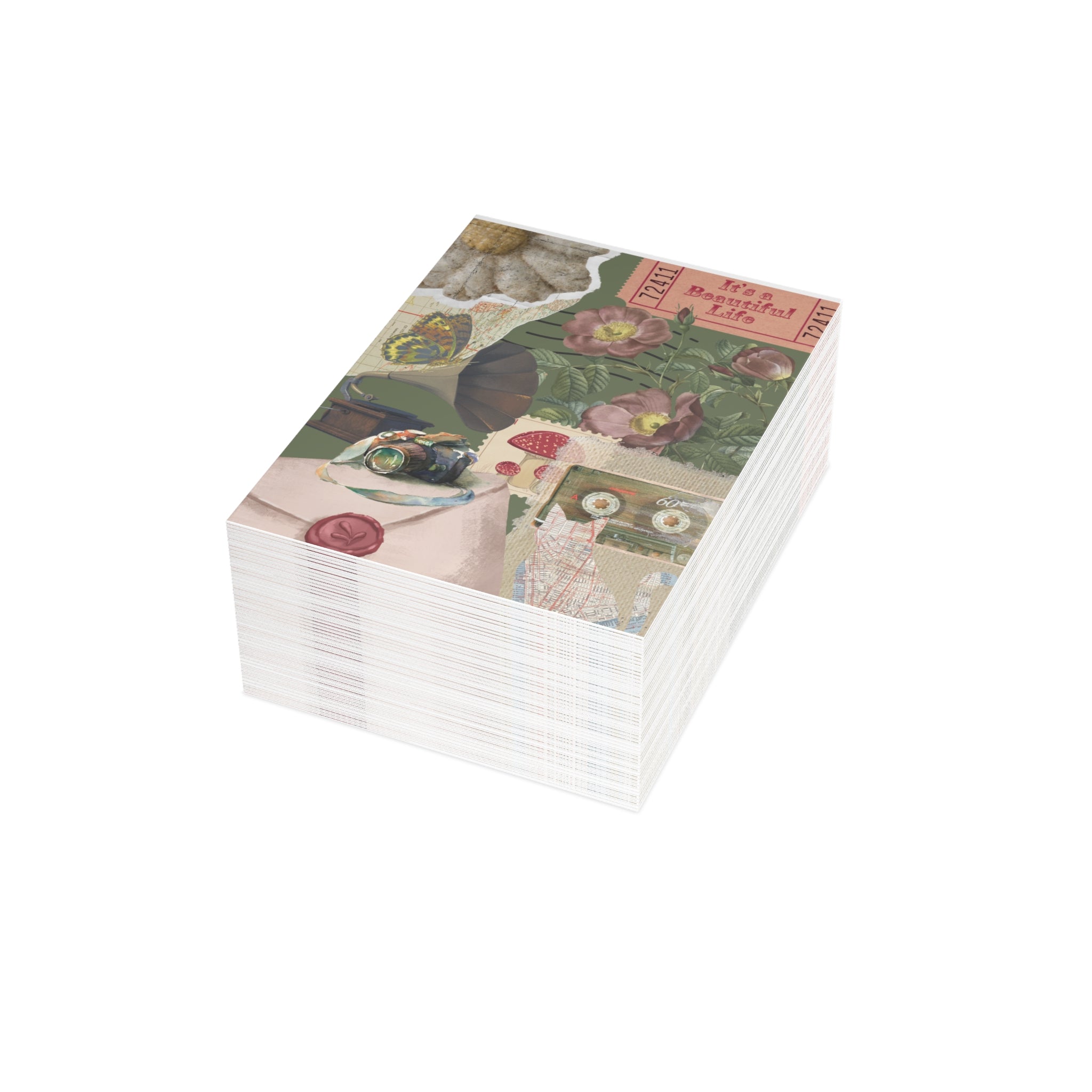 Greeting Card — Vintage Floral Collage with 'It's a Beautiful Life' & KISS