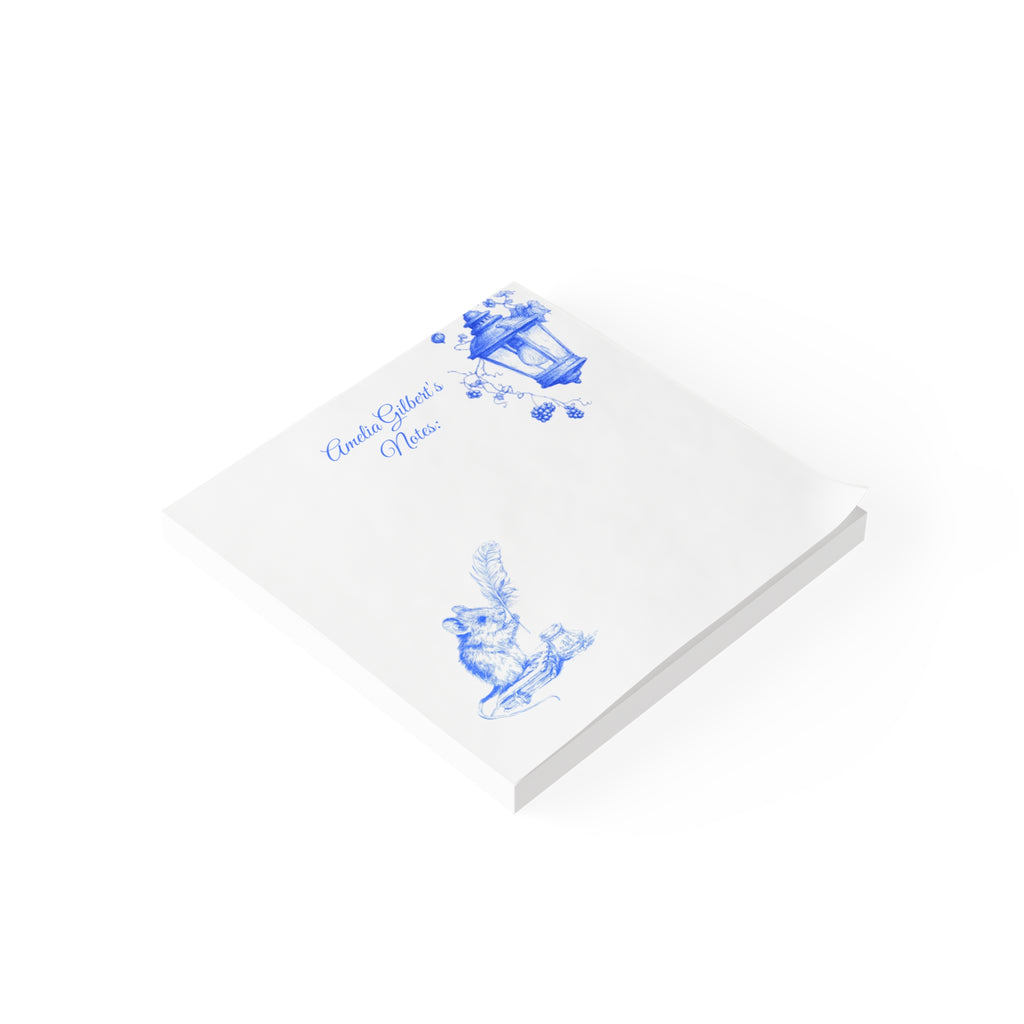 Personalized Post-it Note Pads — Blue Cottage Mouse & Lantern Notes (Custom Name)