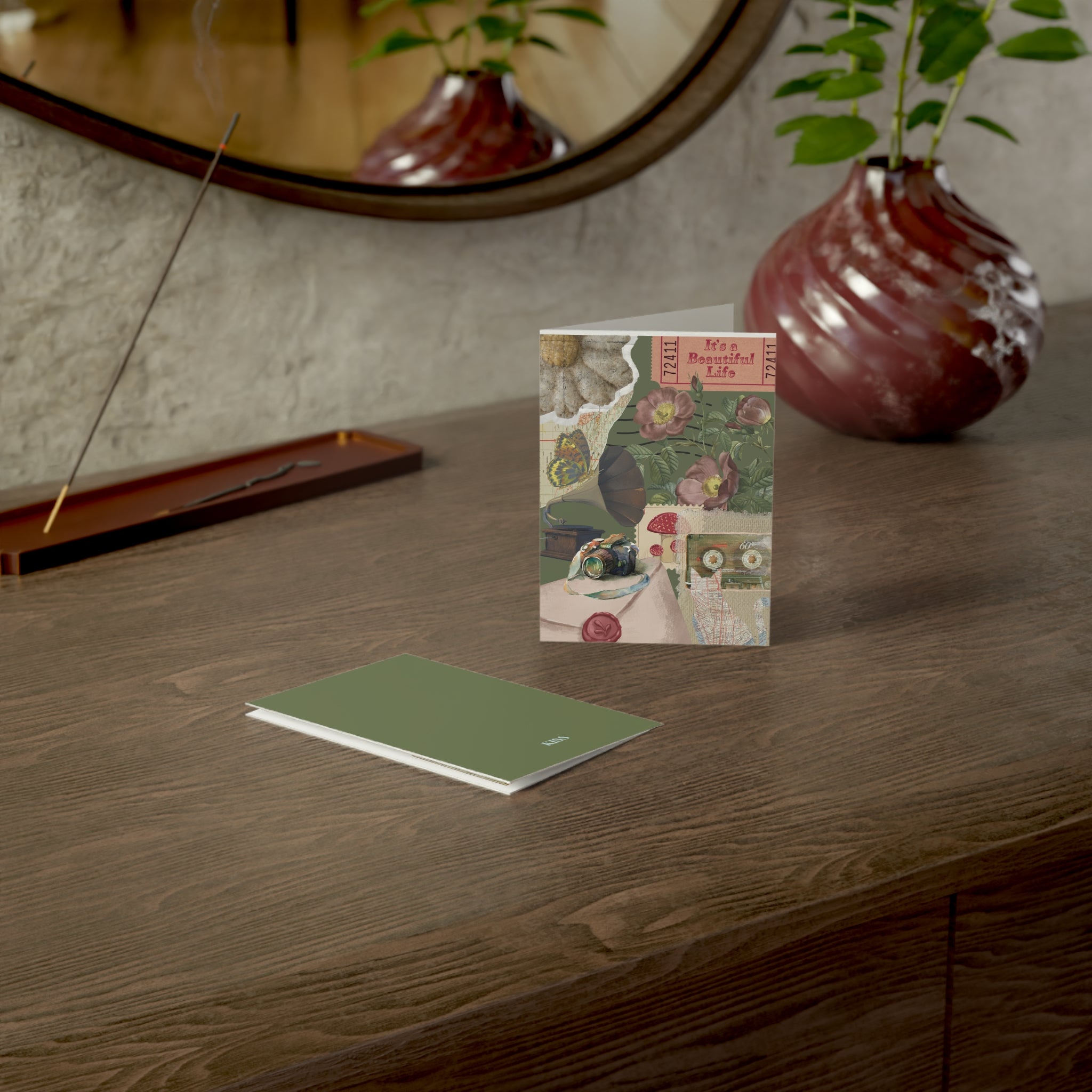 Greeting Card — Vintage Floral Collage with 'It's a Beautiful Life' & KISS
