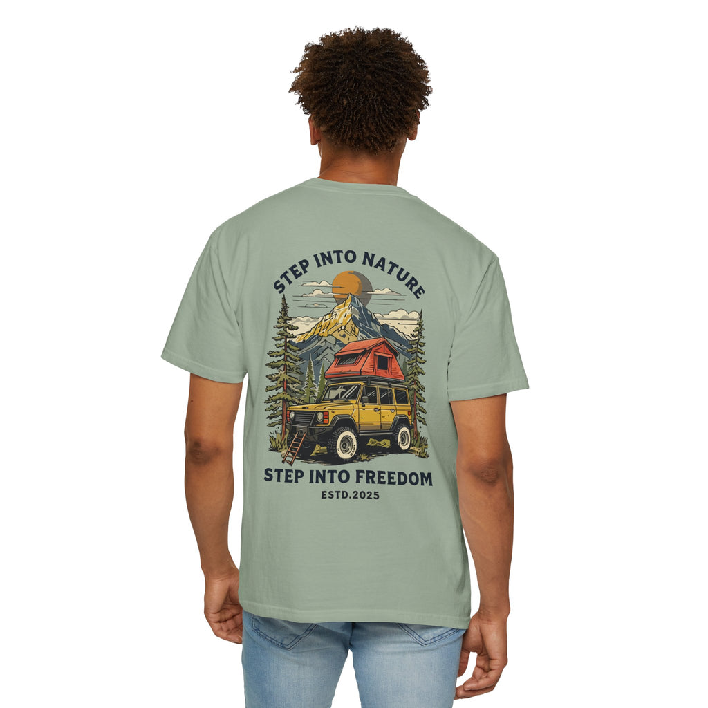 Adventure Tee — "Step Into Nature / Step Into Freedom" Graphic T-Shirt