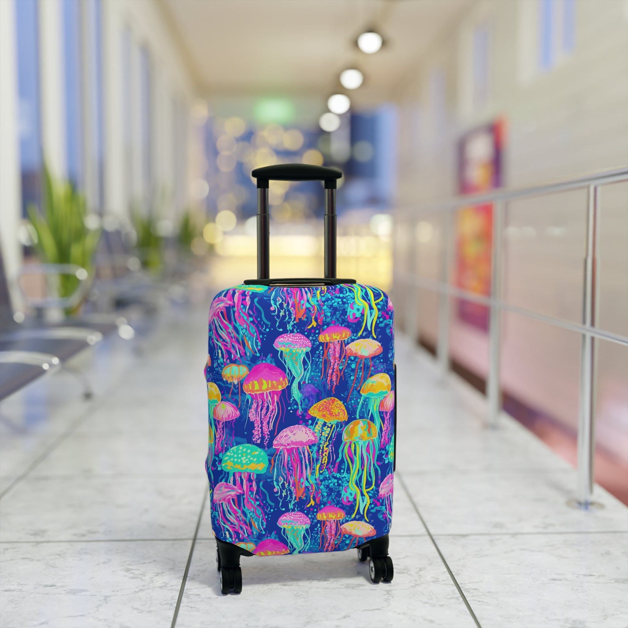 Neon Jellyfish Luggage Cover — Vibrant Ocean Travel Protector