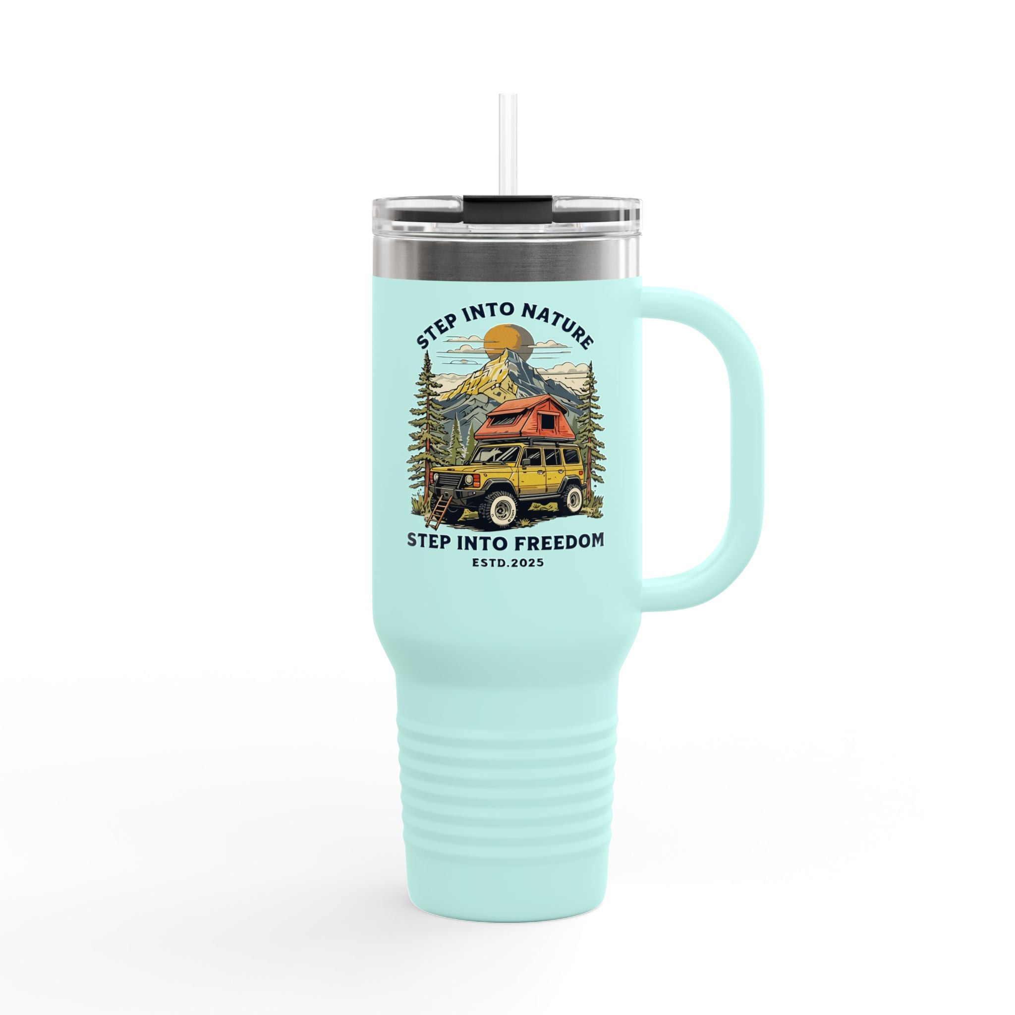 40oz Insulated Travel Mug — 'Step Into Nature, Step Into Freedom' Adventure Tumbler