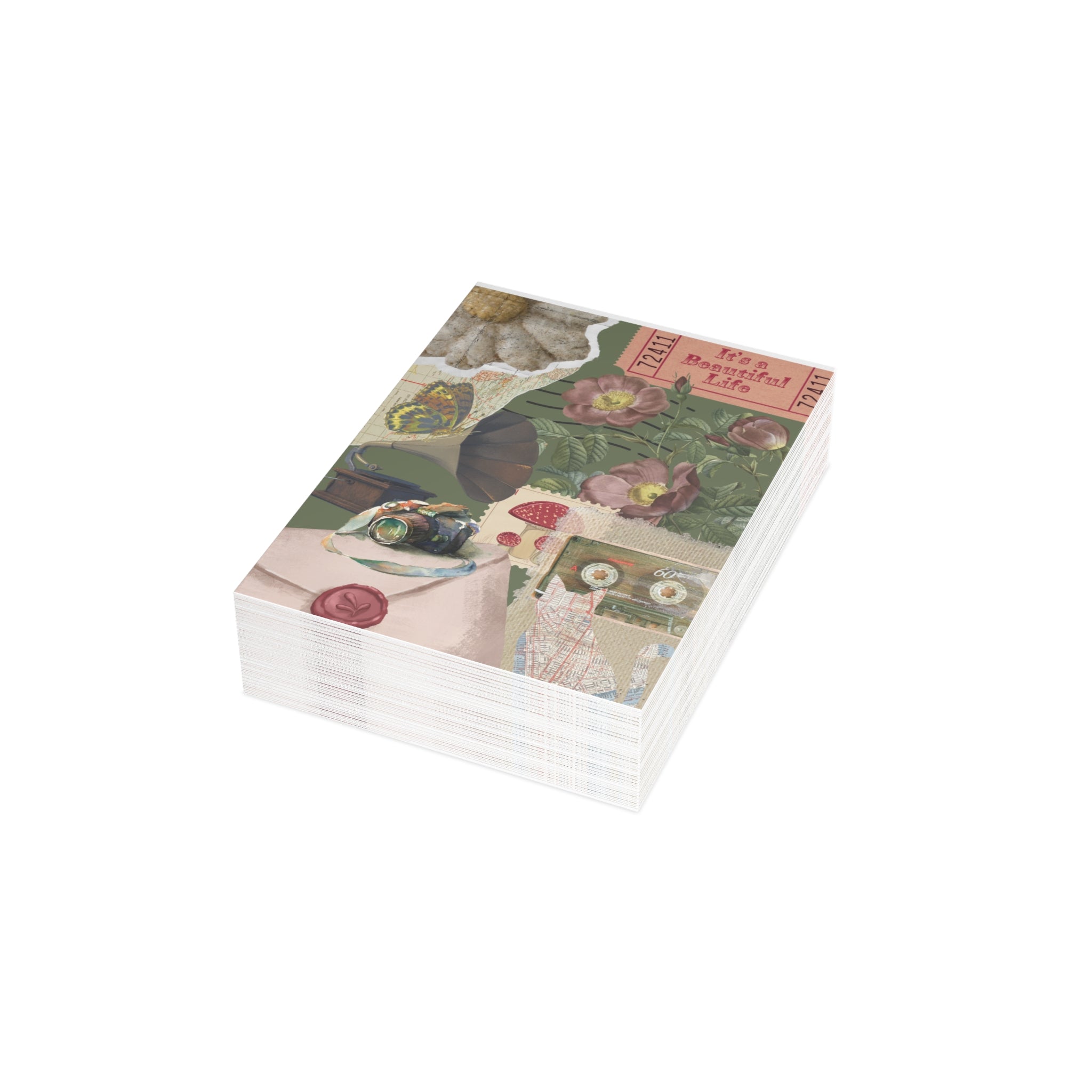 Greeting Card — Vintage Floral Collage with 'It's a Beautiful Life' & KISS