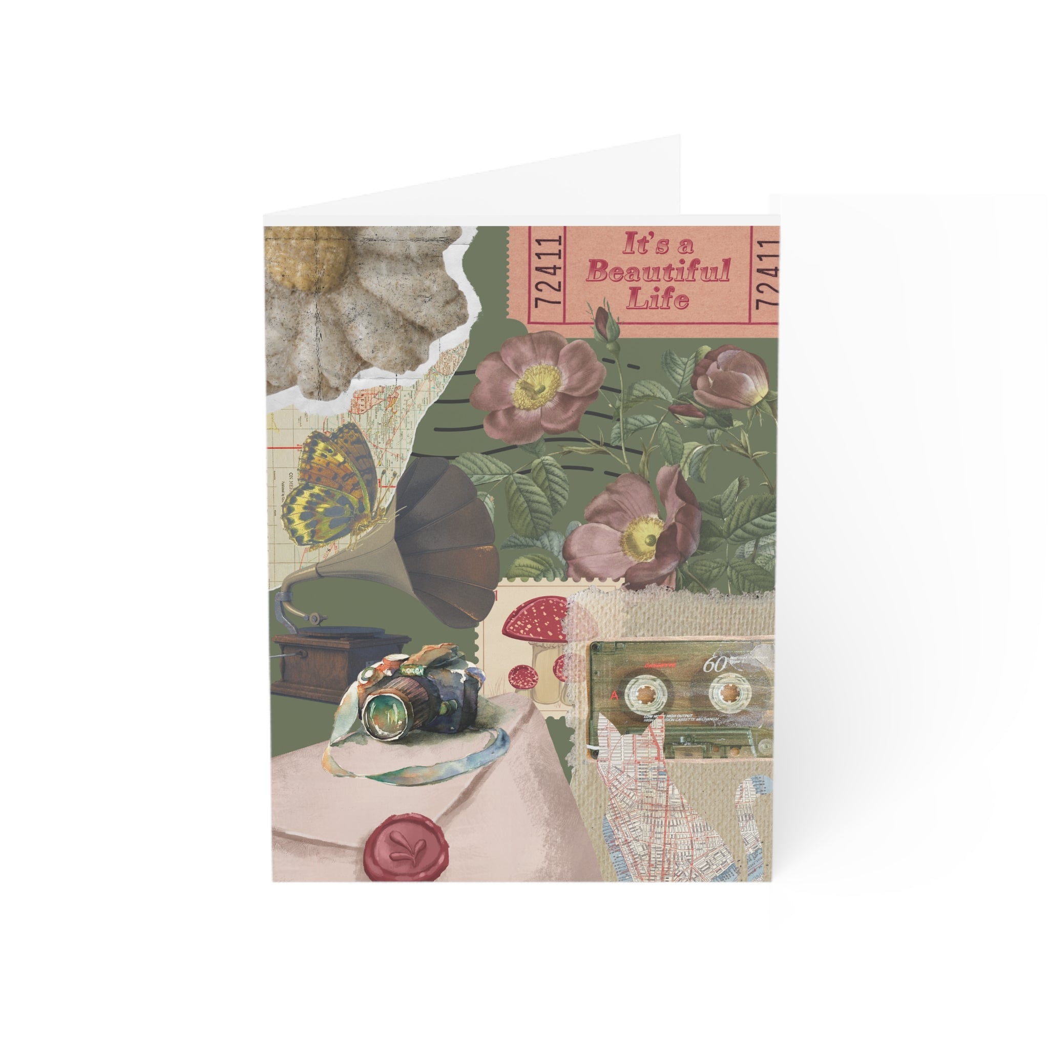 Greeting Card — Vintage Floral Collage with 'It's a Beautiful Life' & KISS