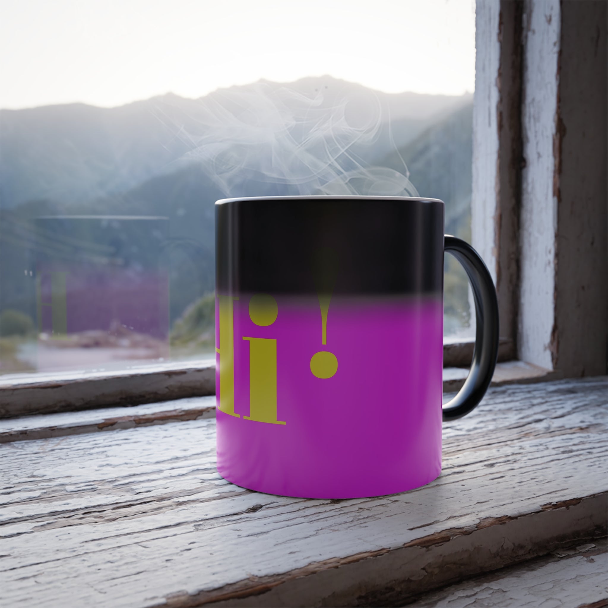 Color-Changing Mug — Bright Pink "Hi!" 11oz Heat Reveal Coffee Cup