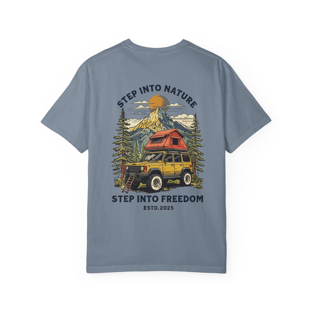Adventure Tee — "Step Into Nature / Step Into Freedom" Graphic T-Shirt