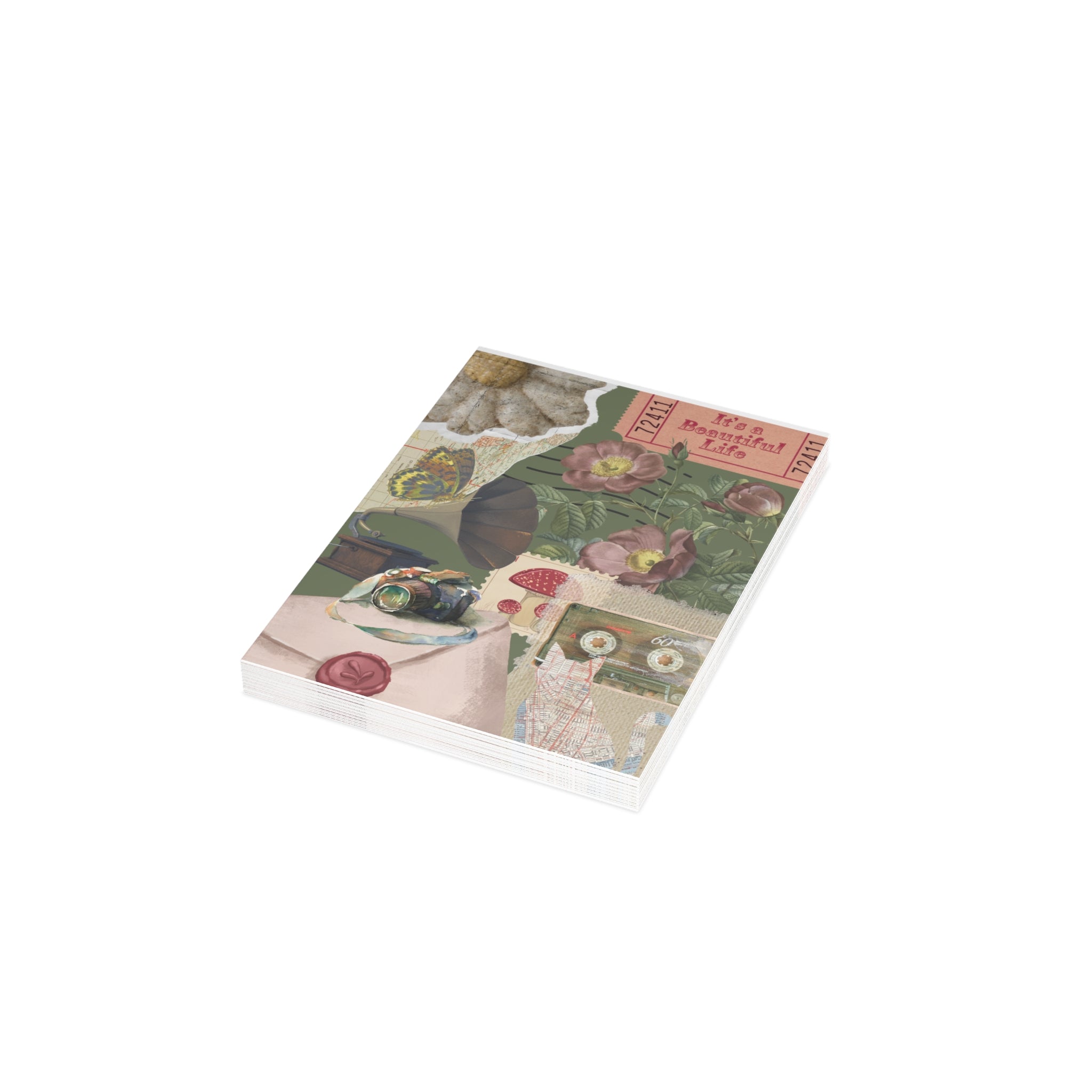 Greeting Card — Vintage Floral Collage with 'It's a Beautiful Life' & KISS