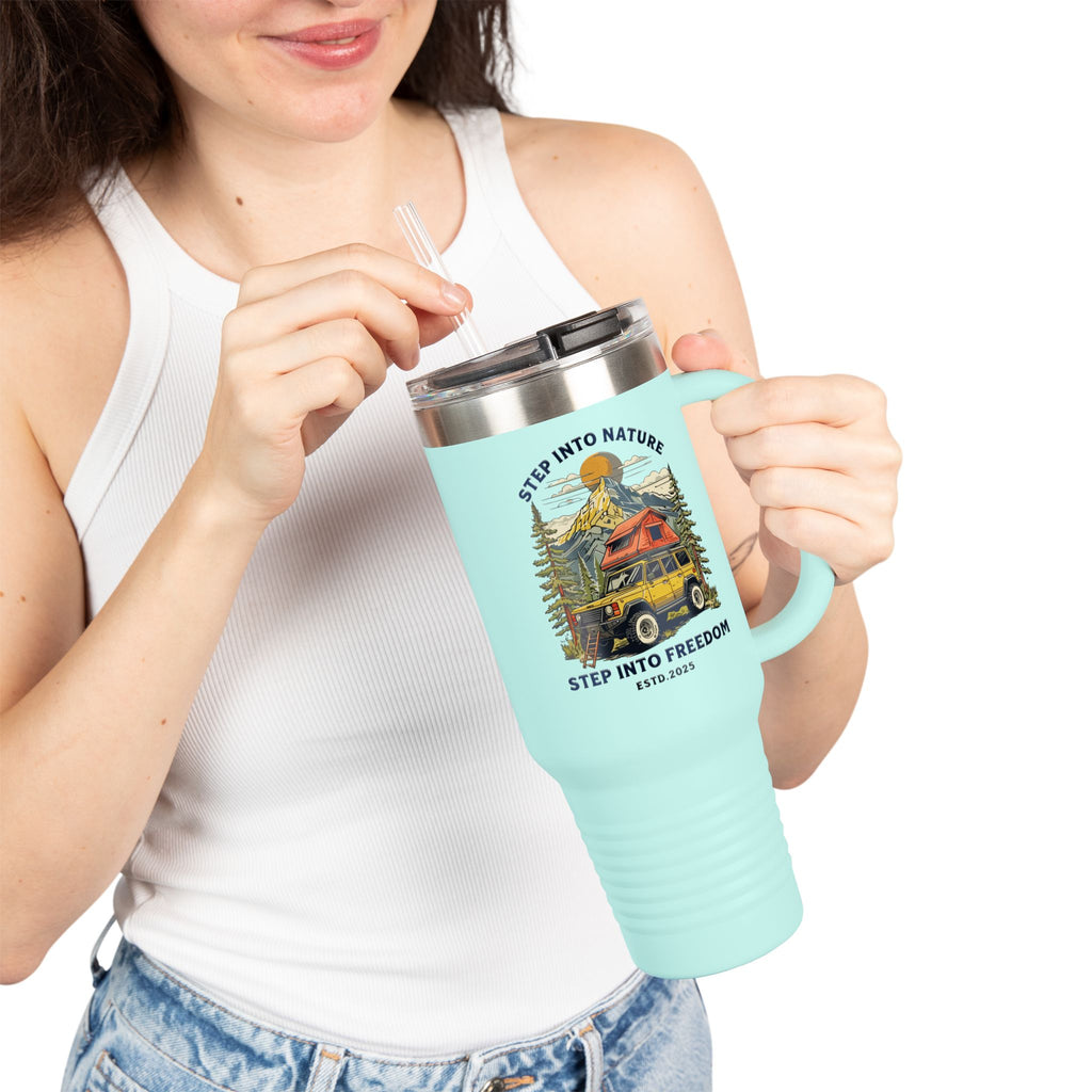 40oz Insulated Travel Mug — 'Step Into Nature, Step Into Freedom' Adventure Tumbler