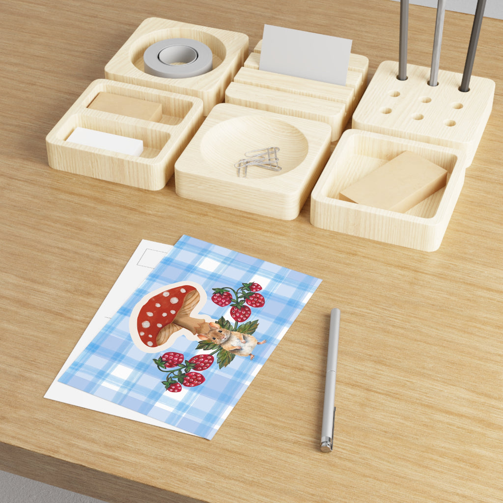 Fine Art Postcard — Whimsical Bunny & Toadstool with Strawberries (Blue Gingham)