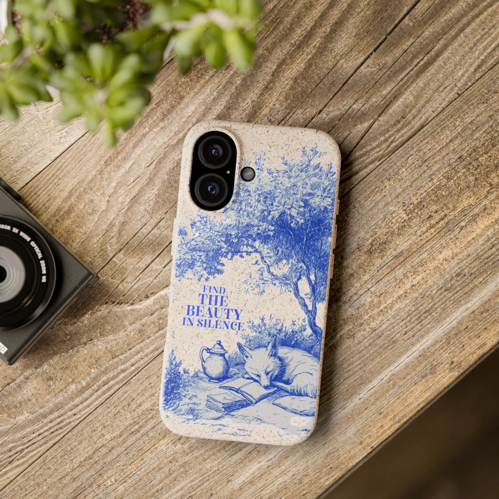 Phone Case — "Find the Beauty in Silence" Blue Vintage Fox Biodegradable Case