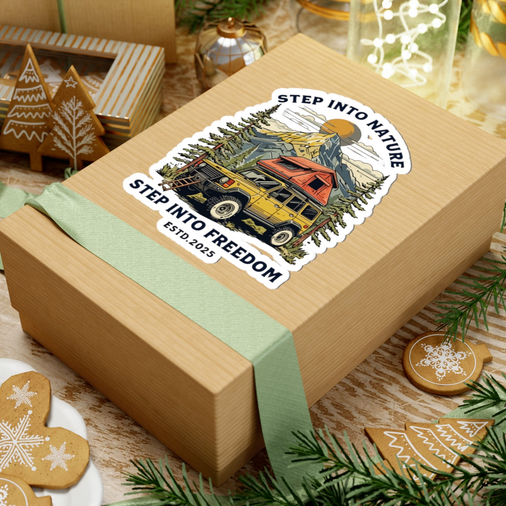 Adventure Van Sticker — "Step Into Nature, Step Into Freedom" Kiss-Cut Sticker