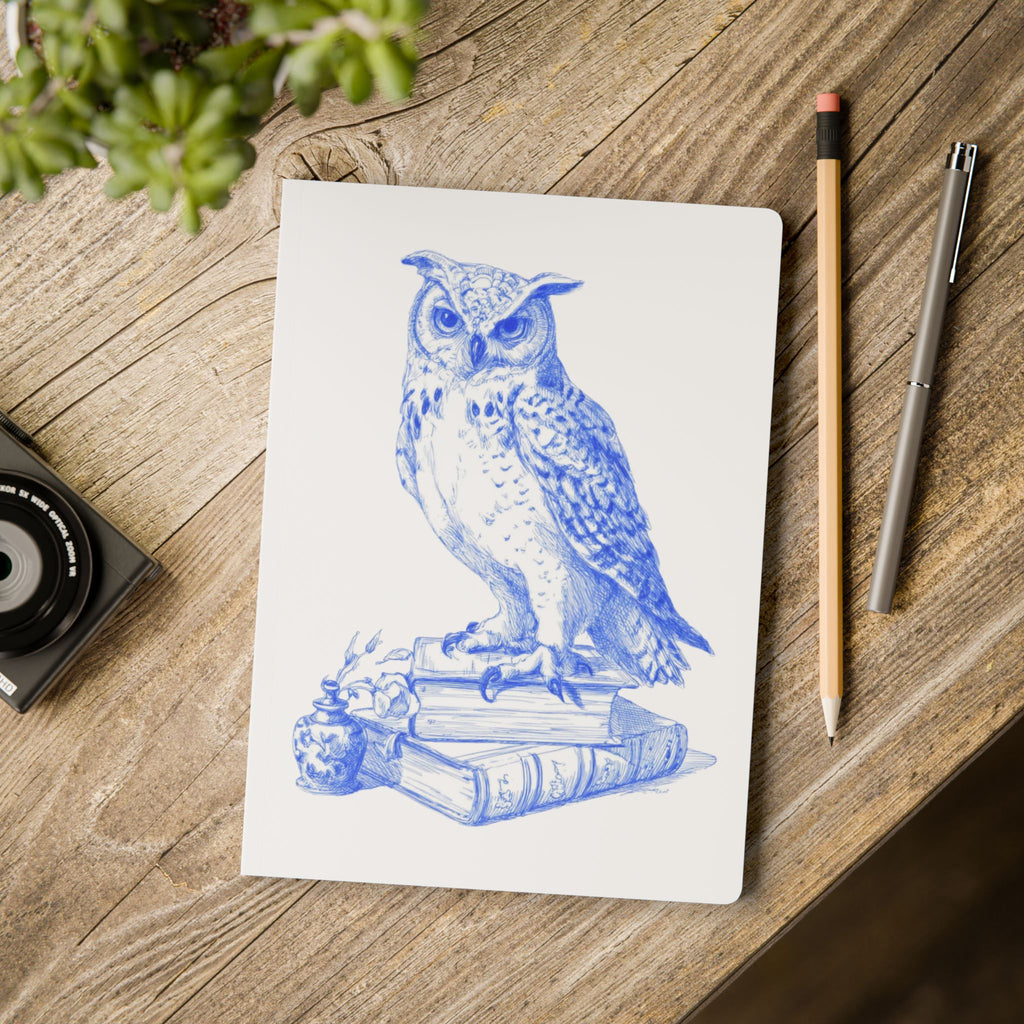 Blue Owl & Stacked Books Softcover Journal — Vintage Nature Sketch Notebook