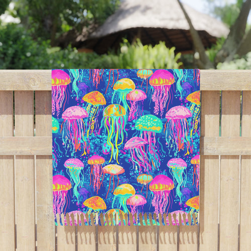 Boho Jellyfish Beach Towel — Colorful Neon Ocean Fringe Towel