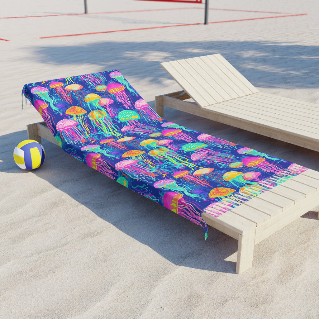 Jellyfish Boho Beach Towel — Colorful Neon Sea Life Turkish Towel
